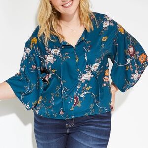 Teal floral sleeve blouse